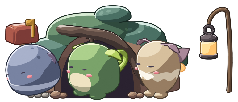 The three Pomlets asleep in front of their mossy home, with the lantern lit.