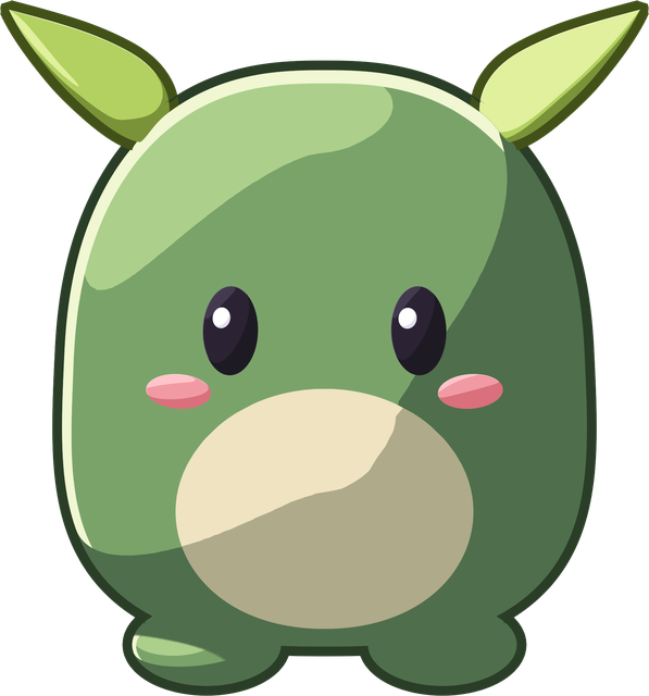 Pip, a mossy green bean with two leaf-shaped ears and a cream belly.